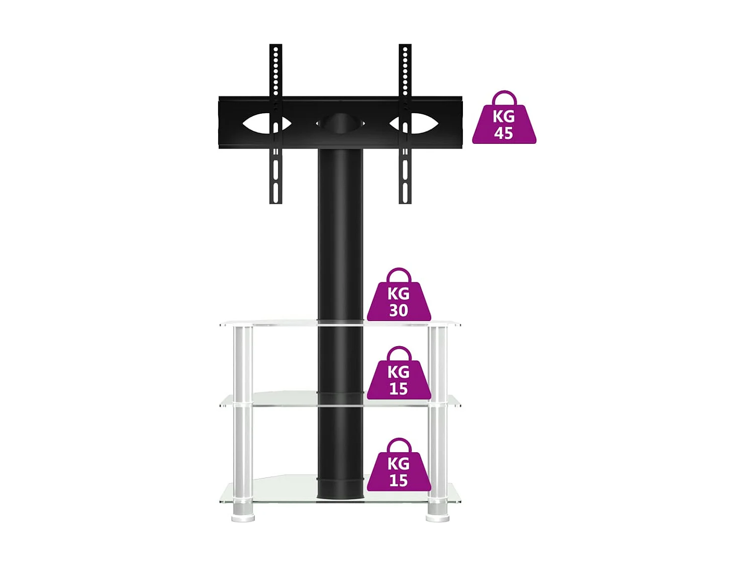 Meuble TV d'angle 3 niveaux pour 32-70 pouces noir et argenté
