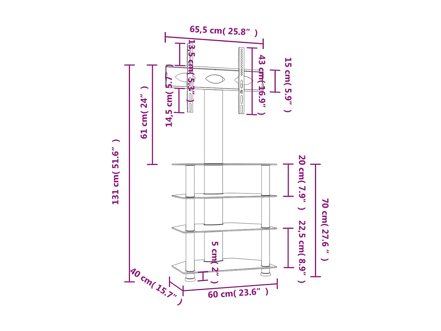 Meuble TV d'angle 4 niveaux pour 32-70 pouces noir