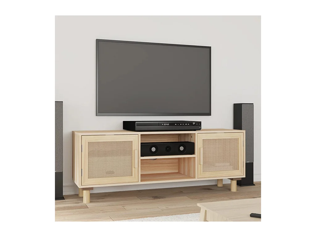 Meuble TV Marron 105x30x40 cm Bois de pin massif rotin naturel