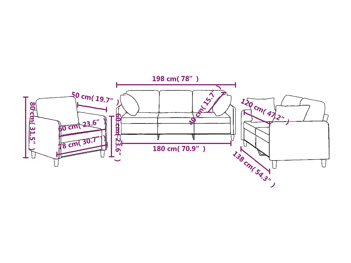 3-delige Loungeset met kussens stof lichtgrijs