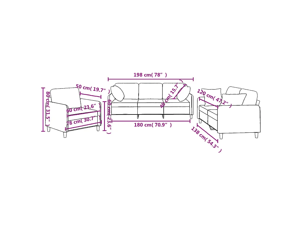 Set Divani 3 pz con Cuscini Grigio Chiaro in Tessuto