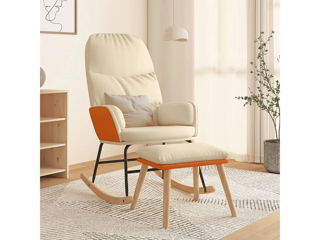 Silla mecedora con reposapiés tela blanco crema