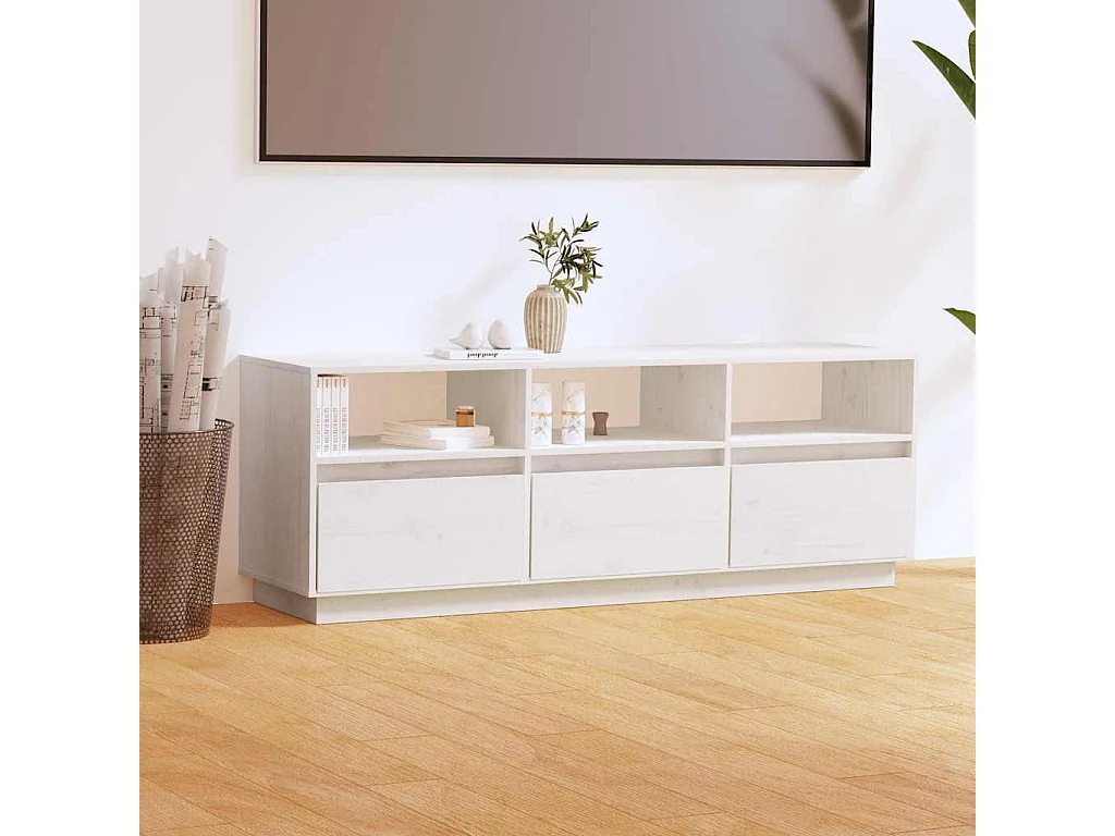 Mobile Porta TV Bianco 140x37x50 cm in Legno Massello di Pino