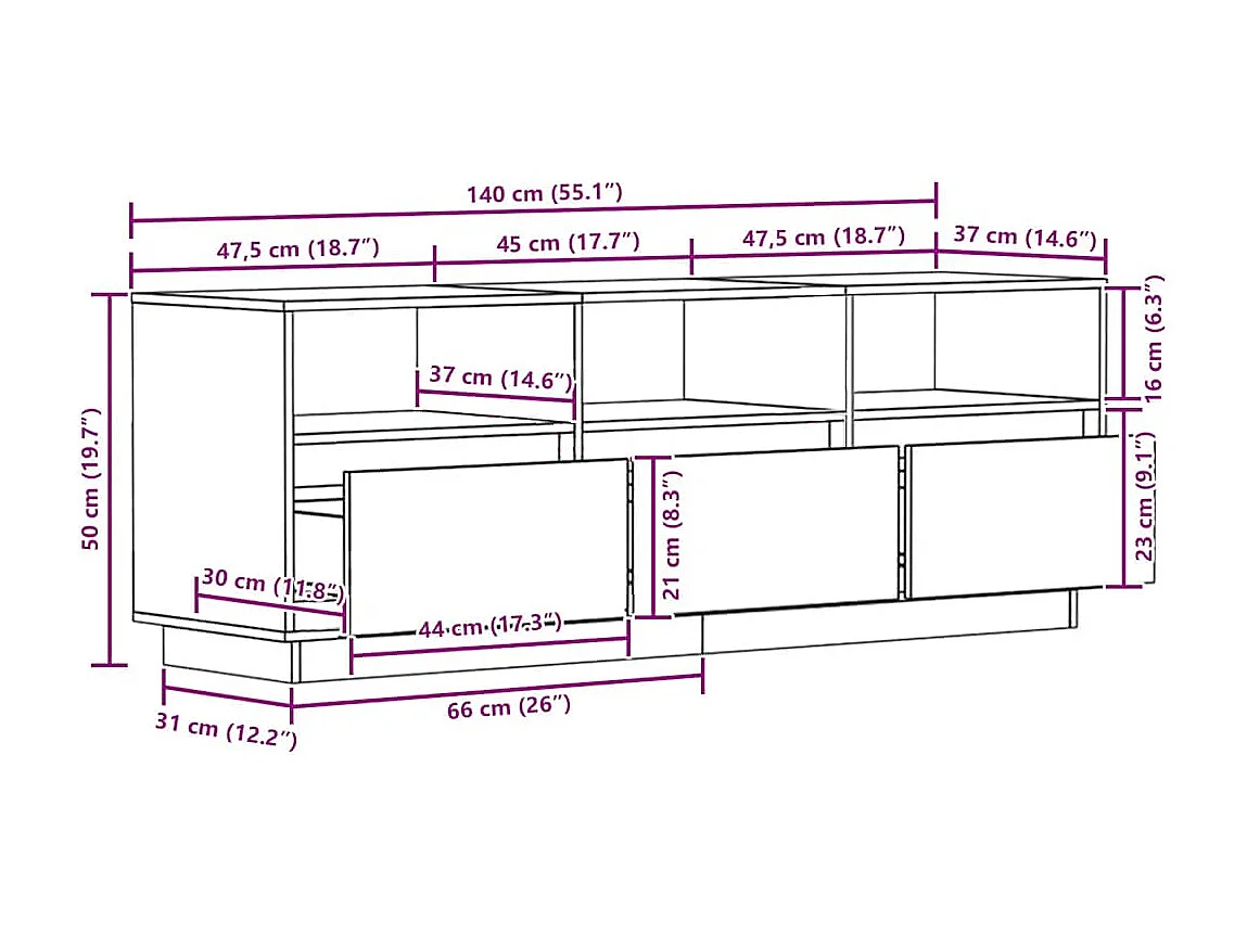TV-Schrank Weiß 140x37x50 cm Massivholz Kiefer