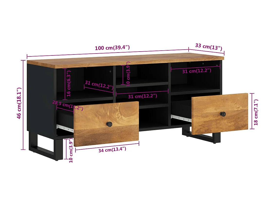 Meuble TV 100x33x46 cm bois de manguier et d'ingénierie
