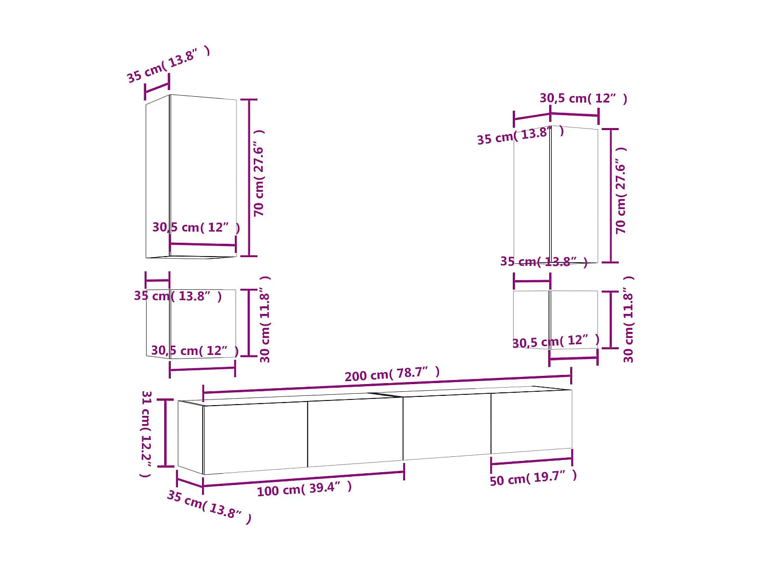 Mobili TV a Muro 6pz con Luci LED Bianchi