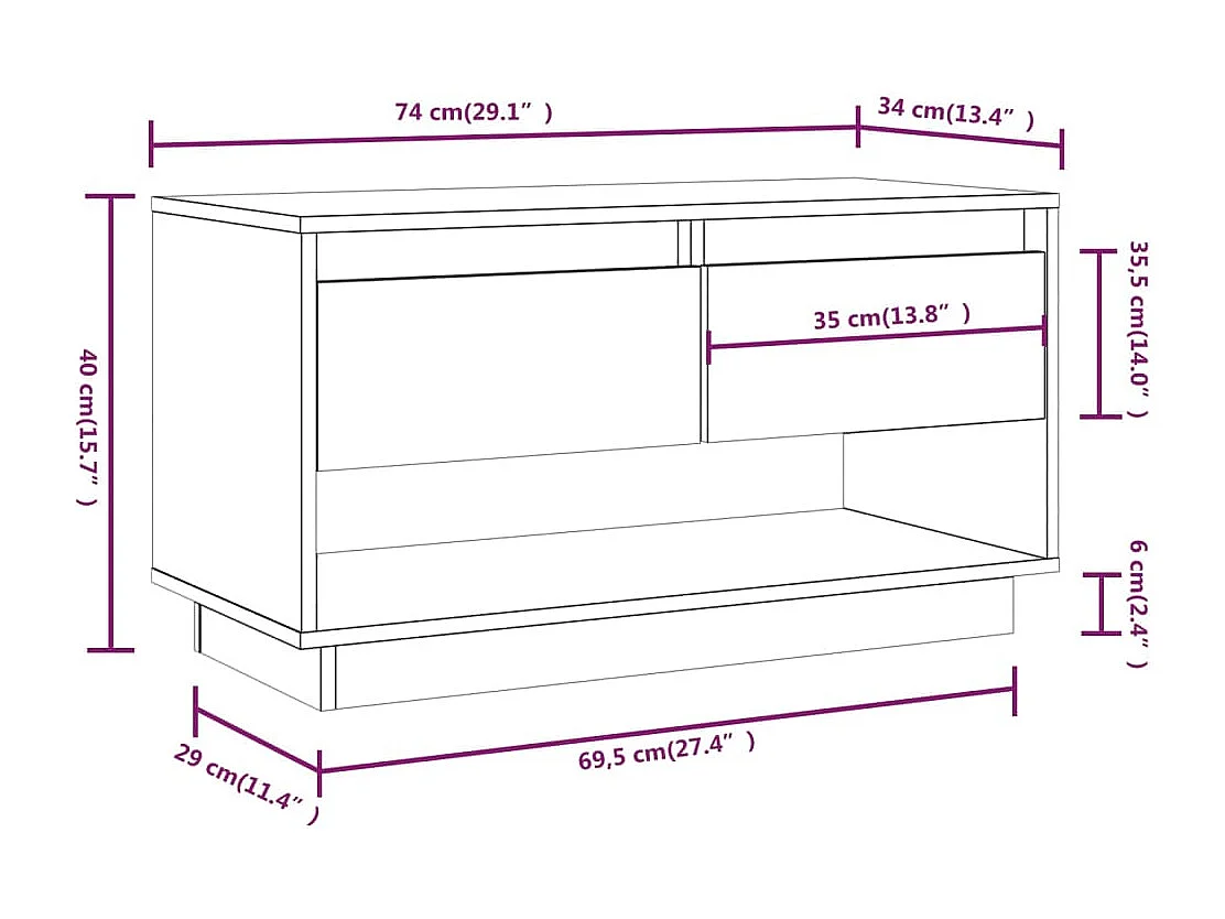 Meuble TV Blanc 74x34x40 cm Bois de pin massif