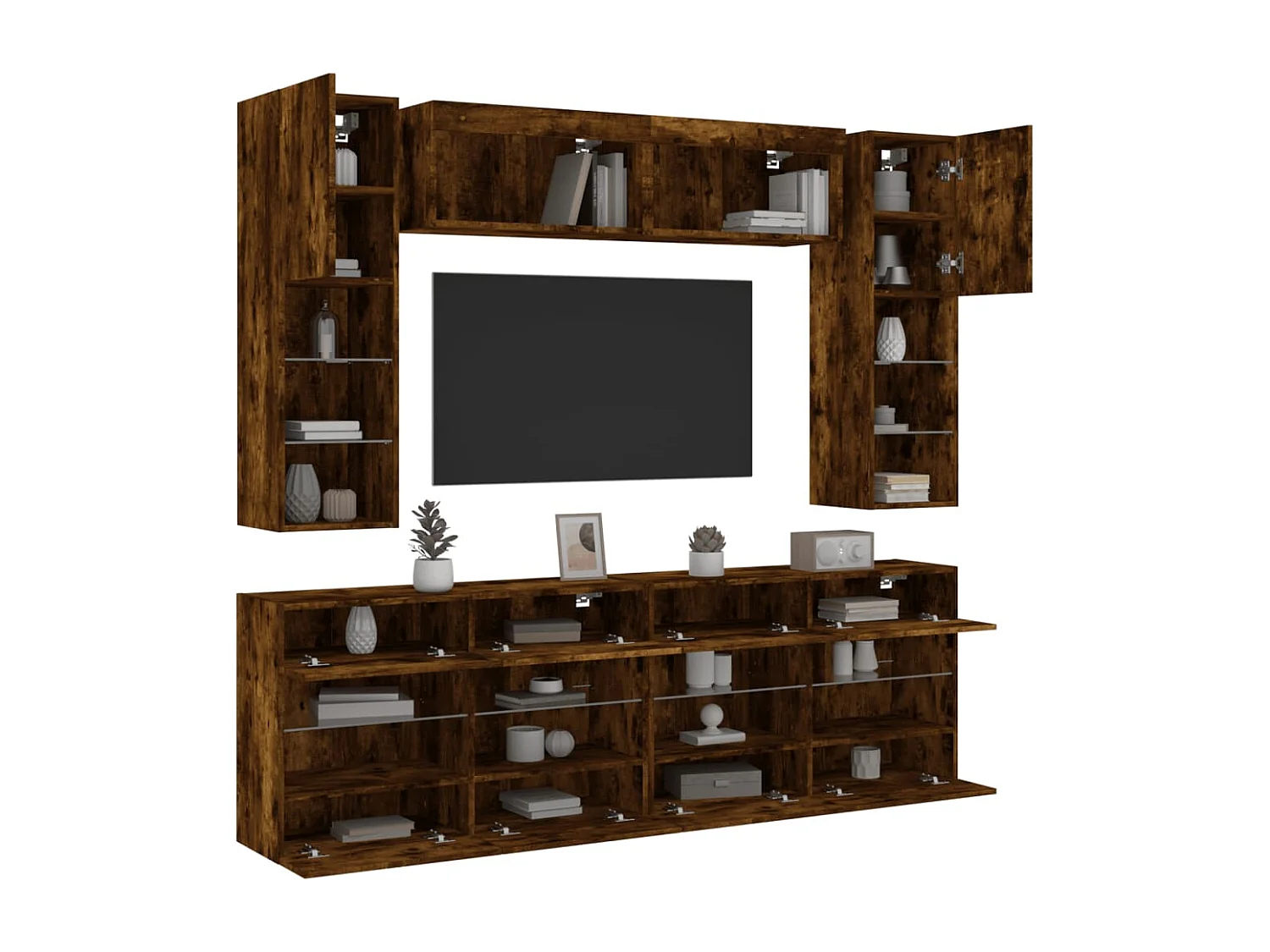 Muebles de TV de pared con luces LED 6 piezas roble ahumado