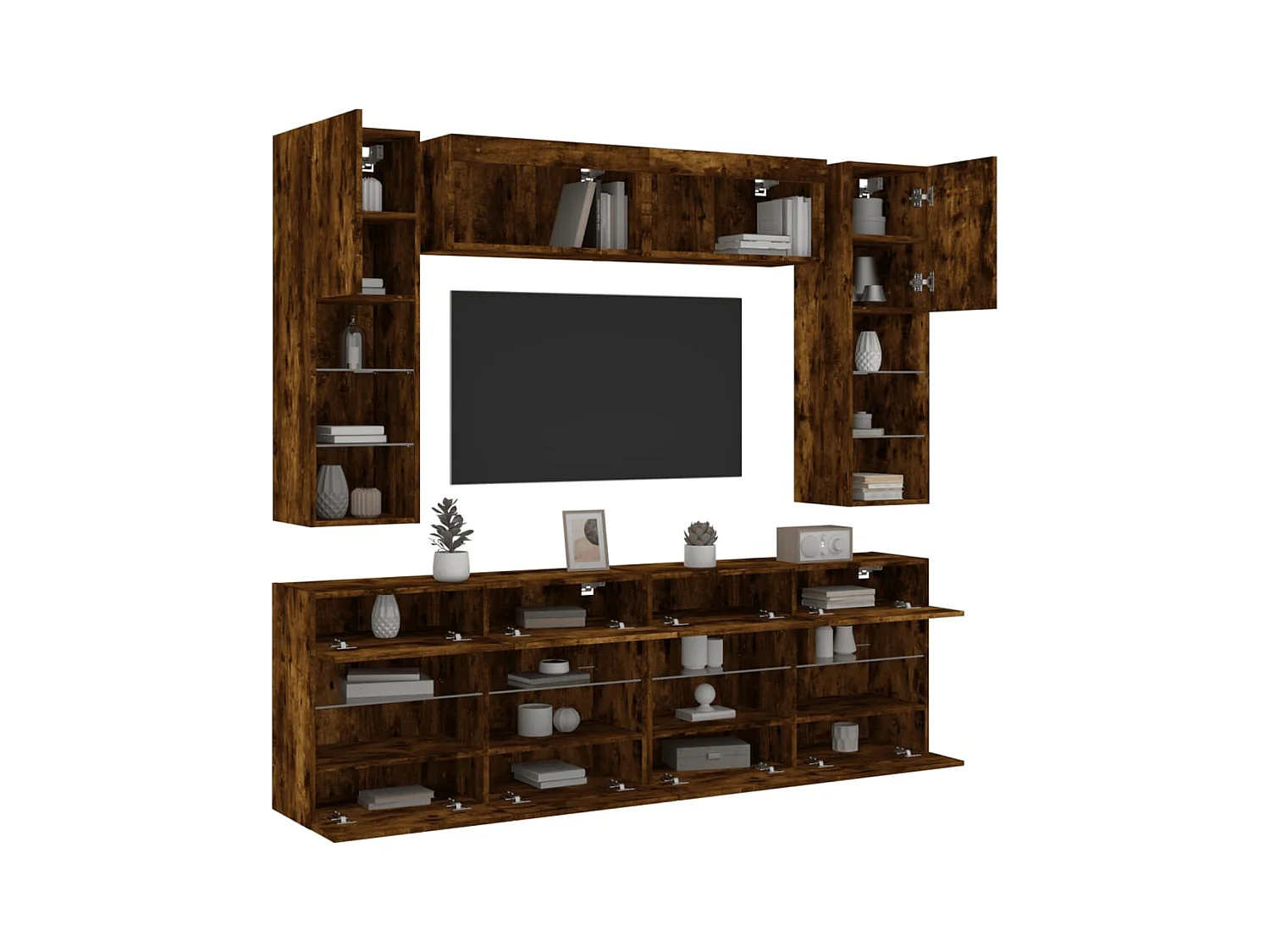 Ensemble de meubles TV muraux 6pcs et lumières LED chêne fumé