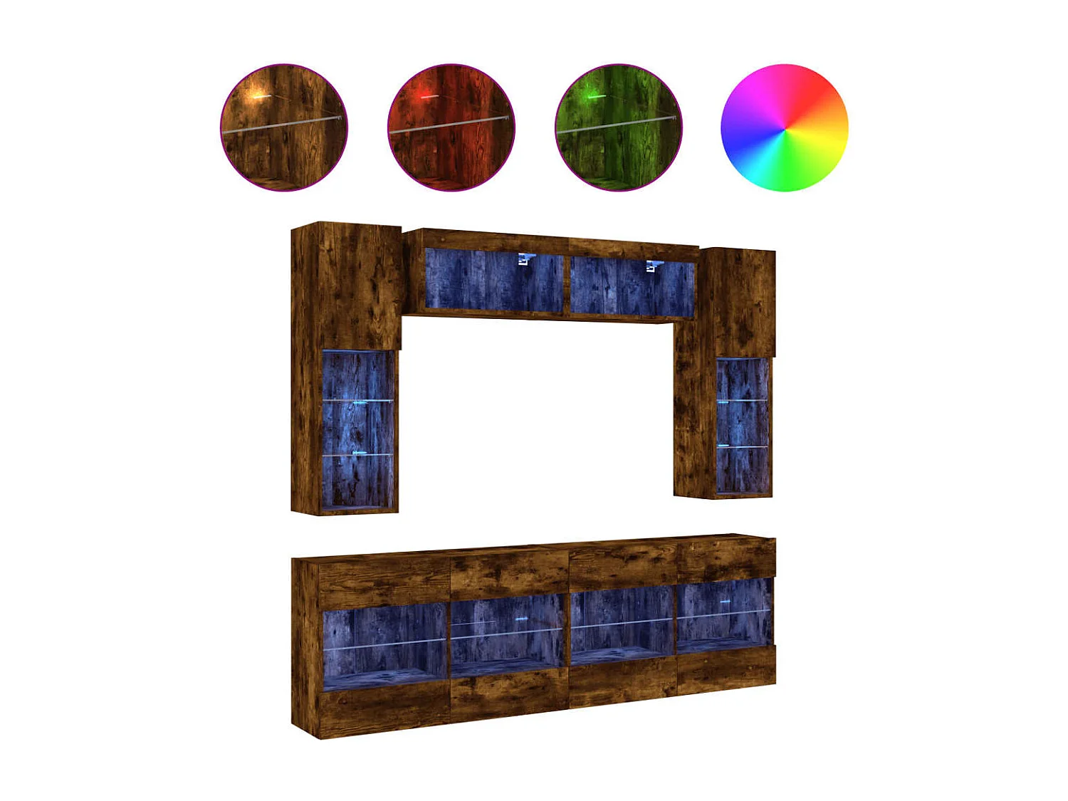 Ensemble de meubles TV muraux 6pcs et lumières LED chêne fumé