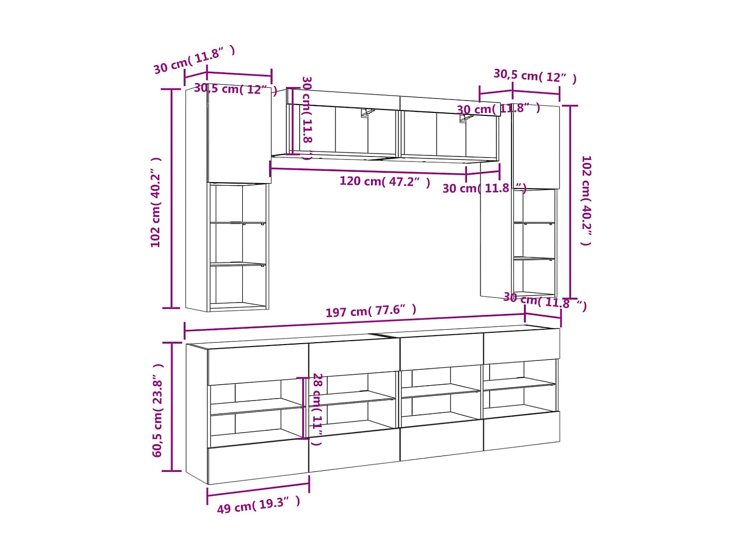 Ensemble de meubles TV muraux 6pcs et lumières LED chêne fumé