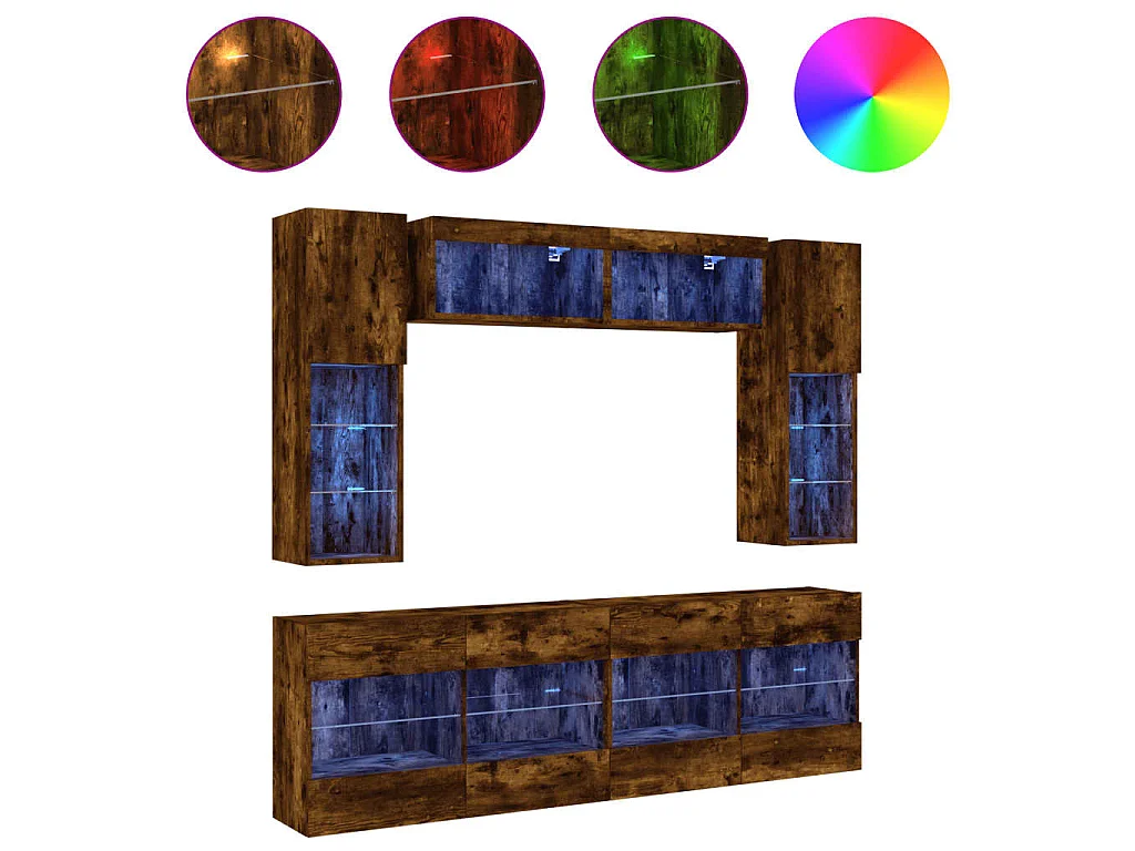 6-tlg. TV-Wohnwand mit LED-Leuchten Räuchereiche