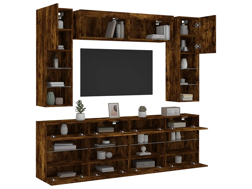 6-tlg. TV-Wohnwand mit LED-Leuchten Räuchereiche