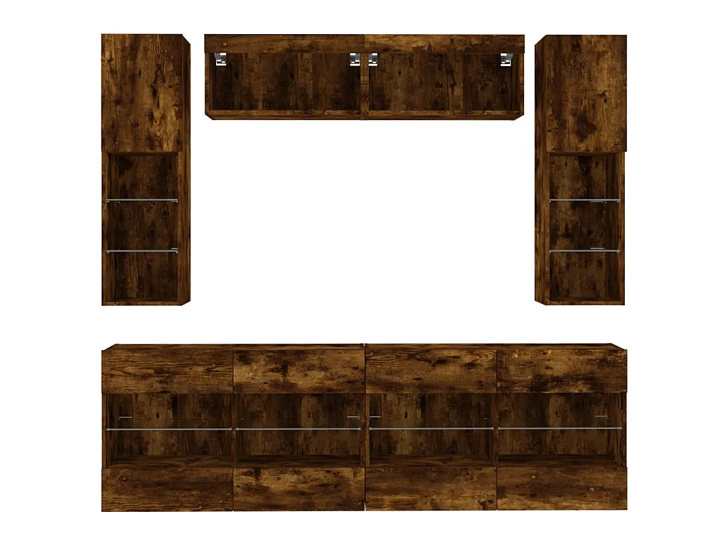 6-tlg. TV-Wohnwand mit LED-Leuchten Räuchereiche