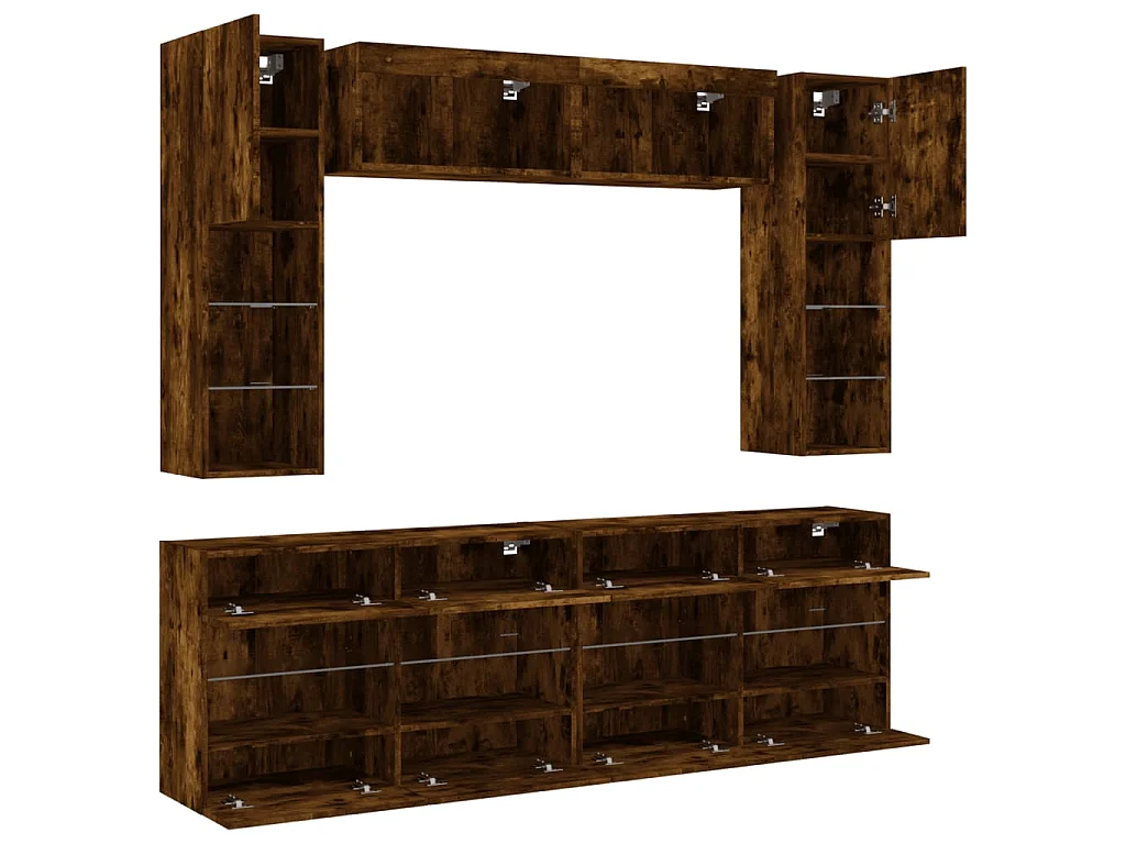 6-tlg. TV-Wohnwand mit LED-Leuchten Räuchereiche