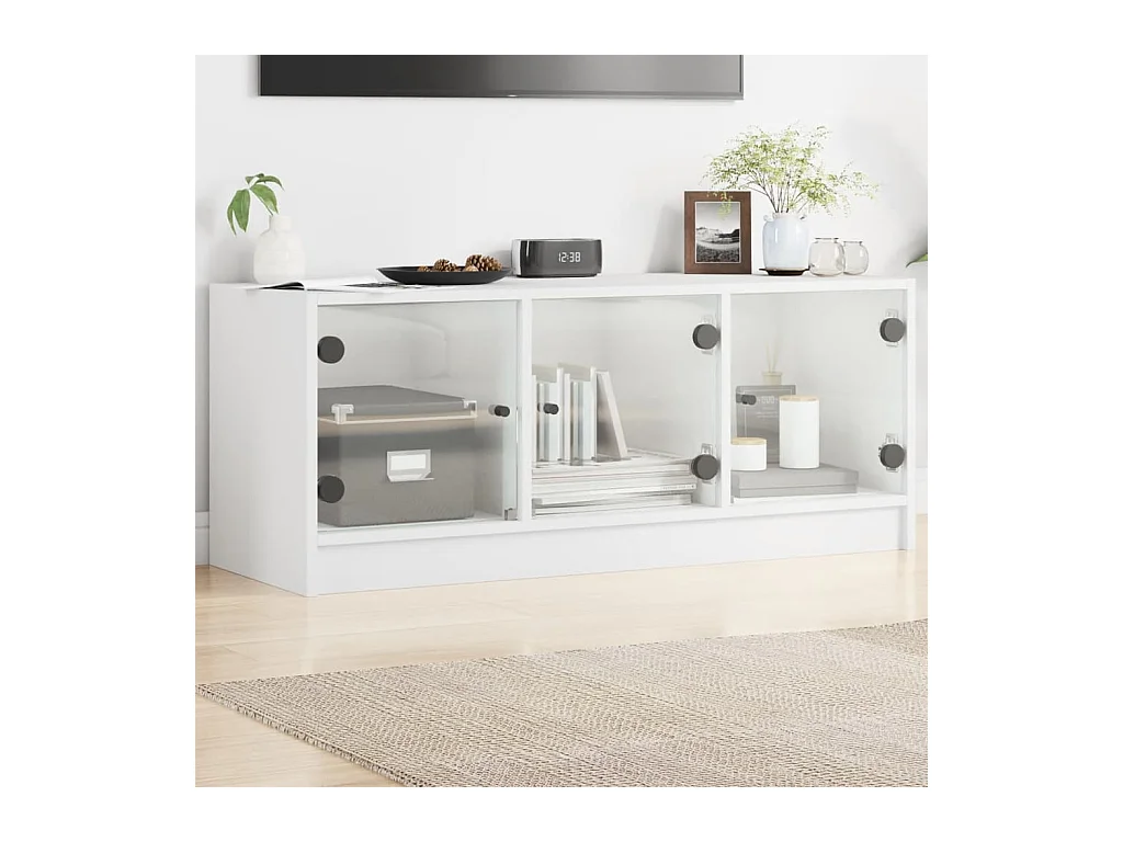 Mobile Porta TV con Ante in Vetro Bianco 102x37x42 cm