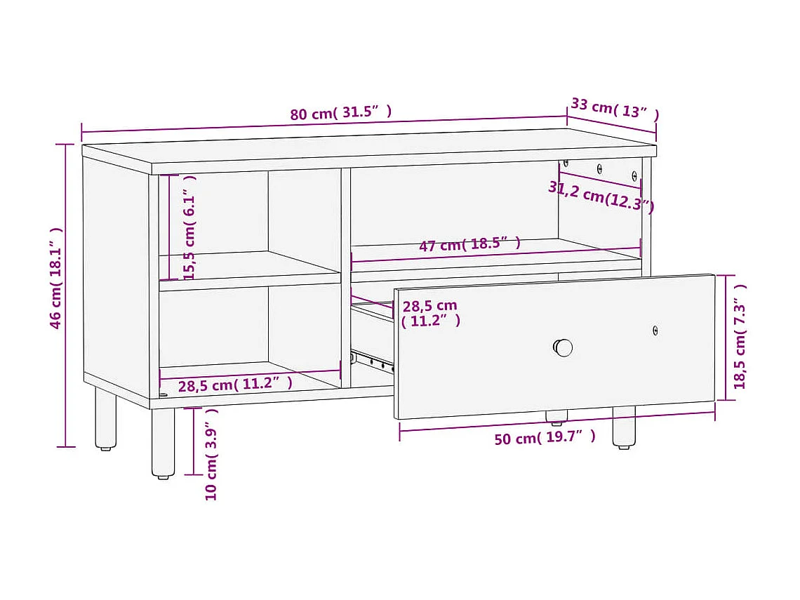 Mobile Porta TV Nero 80x33x46 cm in Legno Massello di Mango