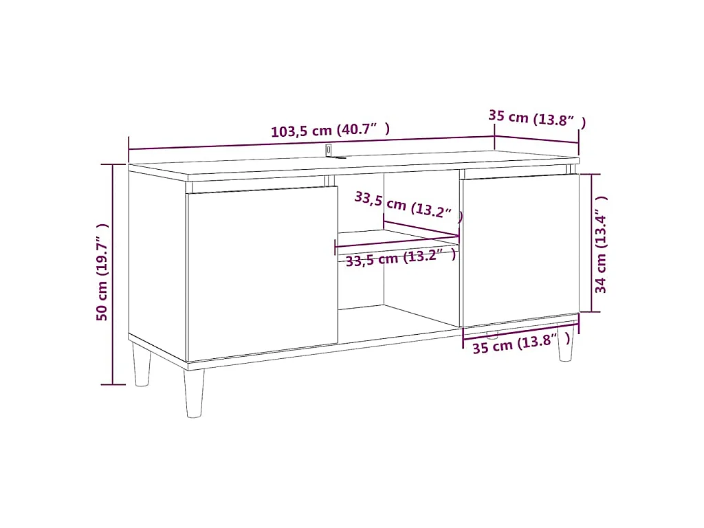 Meuble TV avec pieds en bois solide Chêne fumé 103,5x35x50 cm
