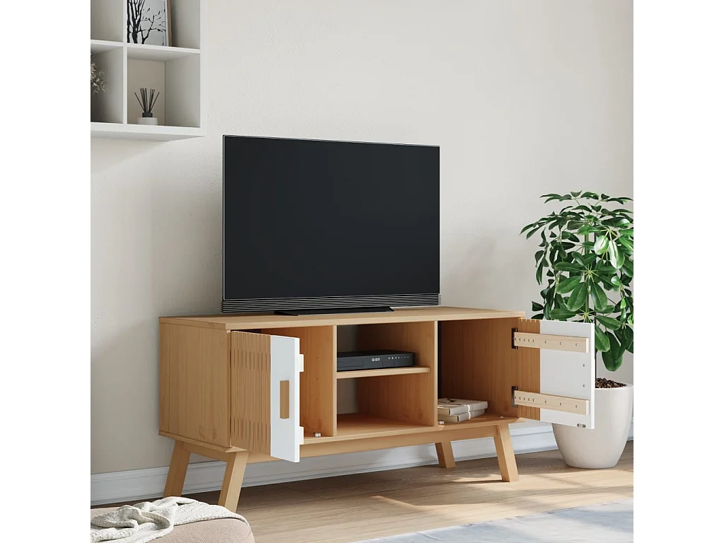 Tv-meubel OLDEN 114x43x57 cm massief grenenhout wit en bruin