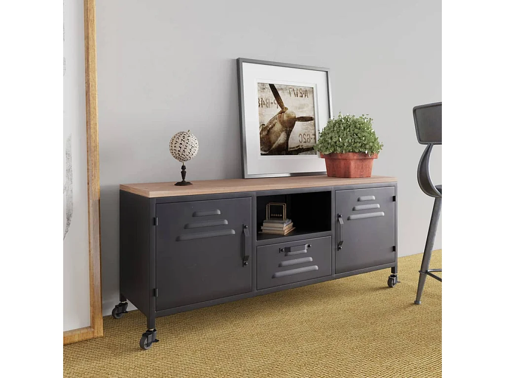 Meuble TV Noir 110x30x43 cm Fer et bois de pin massif