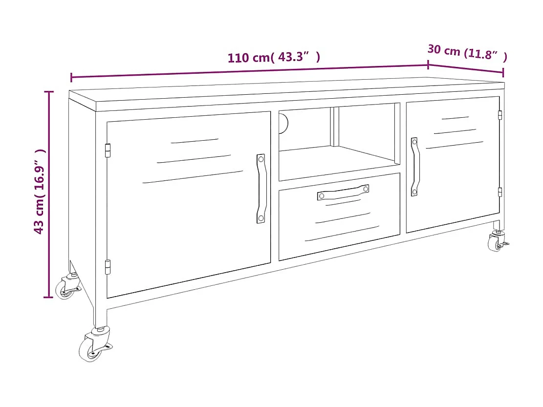 Meuble TV Noir 110x30x43 cm Fer et bois de pin massif