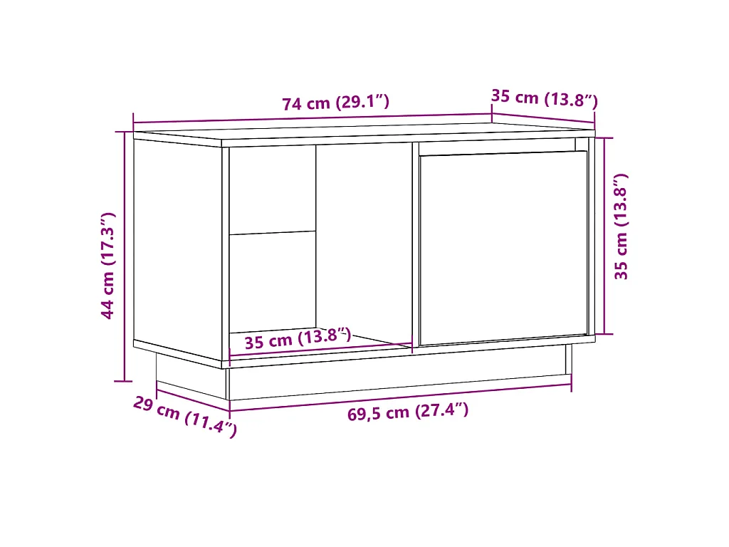 Tv-meubel 74x35x44 cm massief grenenhout wit