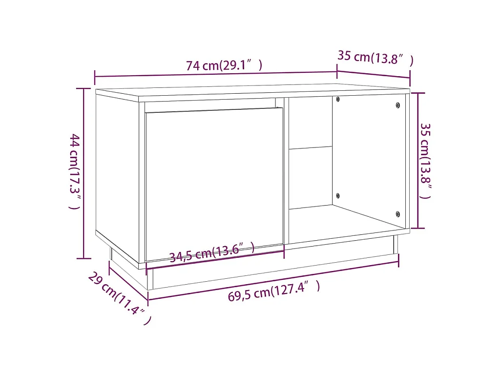 Tv-meubel 74x35x44 cm massief grenenhout wit