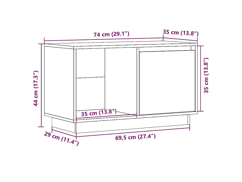 Mueble para TV de madera maciza de pino blanco 74x35x44 cm