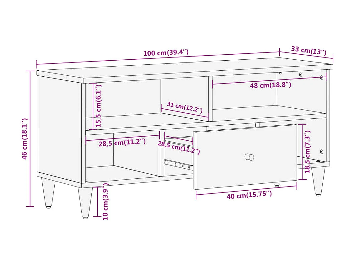 Meuble TV 100x33x46 cm bois massif de manguier