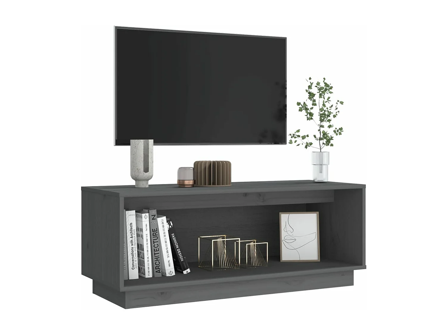 Mobile Porta TV Grigio 90x35x35 cm in Legno Massello di Pino