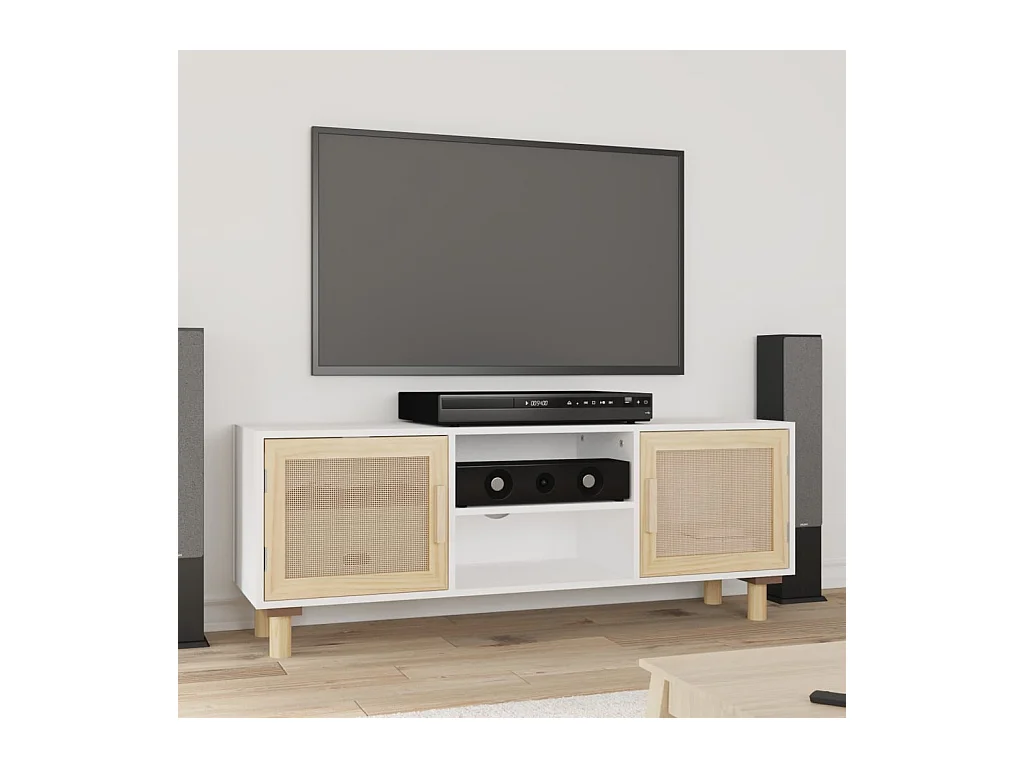 Meuble TV Blanc 105x30x40cm Bois de pin massif et rotin naturel