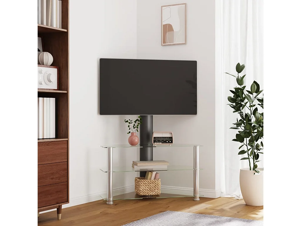 Meuble TV d'angle 3 niveaux pour 32-70 pouces noir et argenté