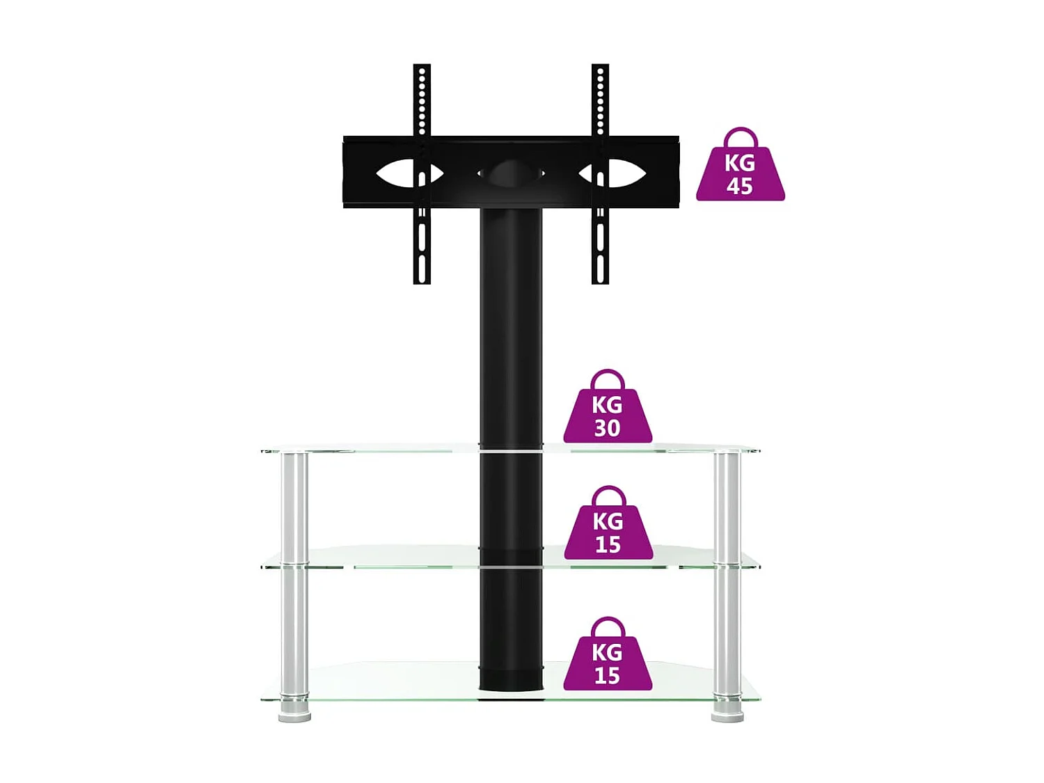 Meuble TV d'angle 3 niveaux pour 32-70 pouces noir et argenté