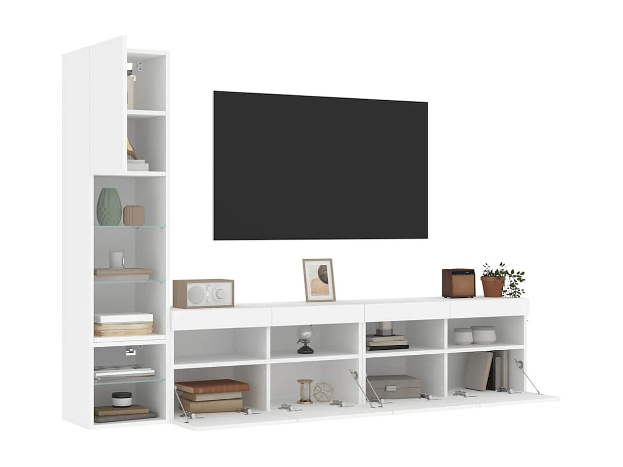 Mobili TV a Muro con LED 4pz Bianchi in Legno Multistrato