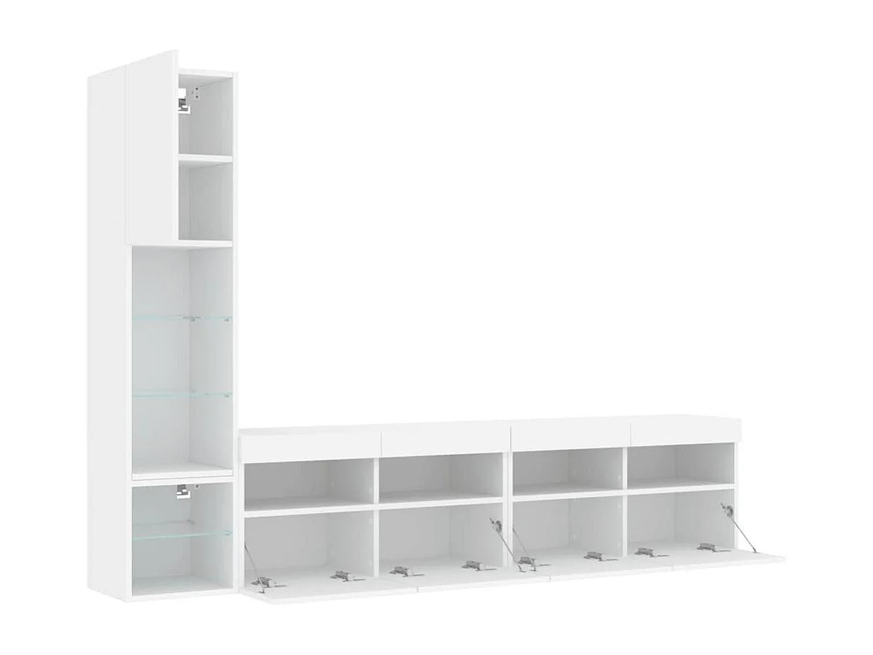 Mobili TV a Muro con LED 4pz Bianchi in Legno Multistrato