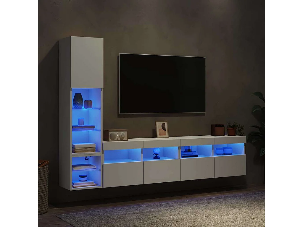 Unités murales TV avec LED 4 pcs blanc bois d'ingénierie