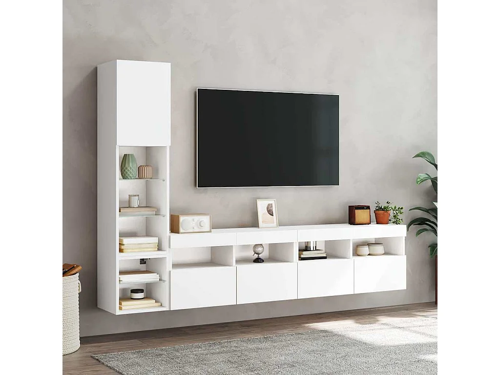 Unités murales TV avec LED 4 pcs blanc bois d'ingénierie