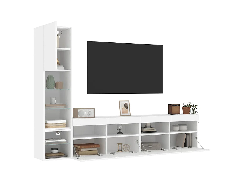 Unités murales TV avec LED 4 pcs blanc bois d'ingénierie