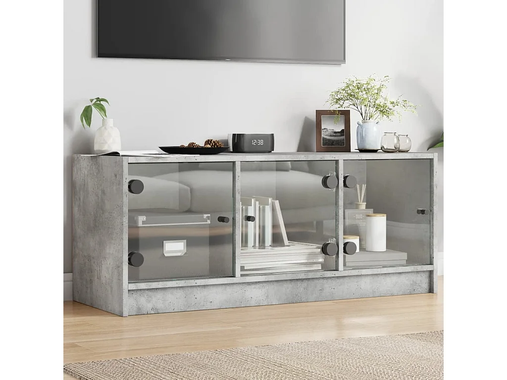 Mobile Porta TV con Ante in Vetro Grigio Cemento 102x37x42 cm