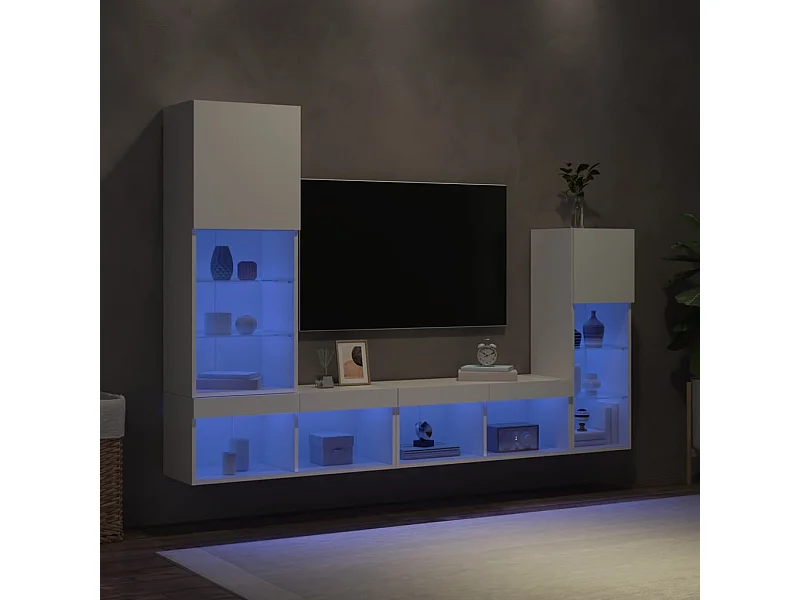 Unités murales TV avec LED 4 pcs blanc bois d'ingénierie