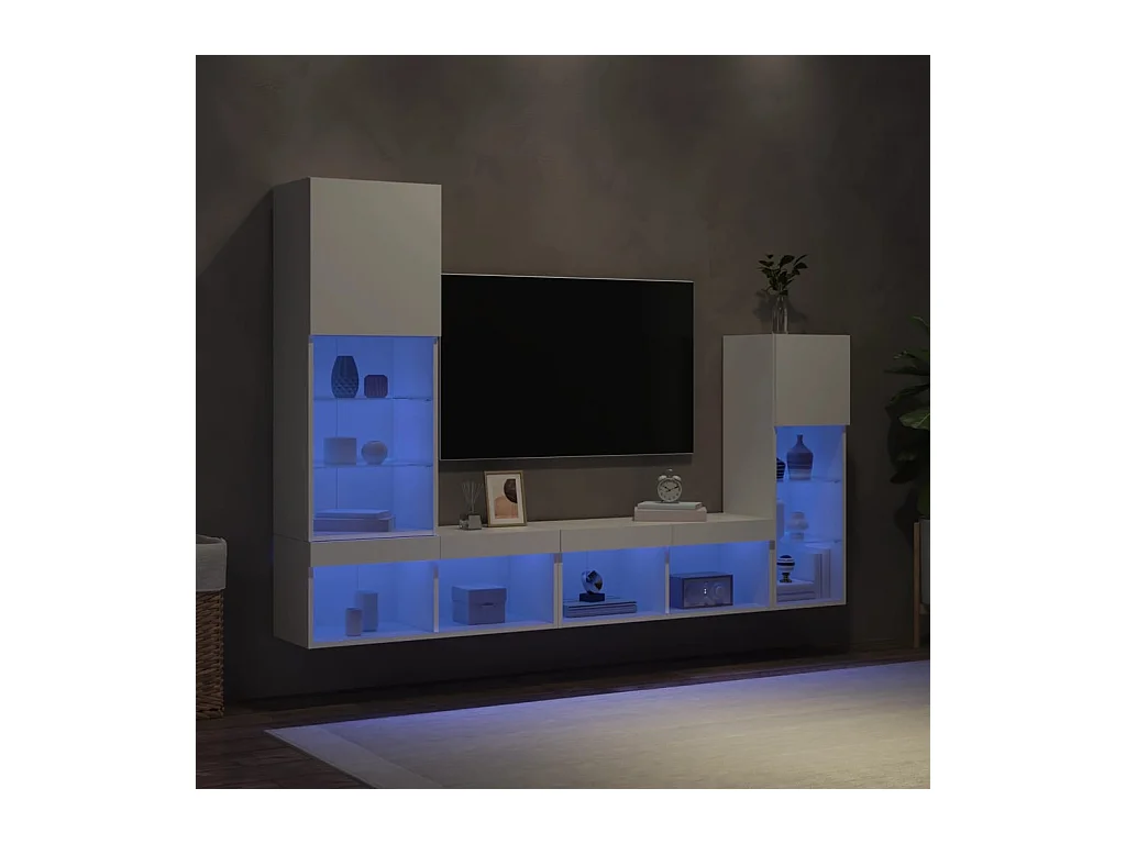 Unités murales TV avec LED 4 pcs blanc bois d'ingénierie