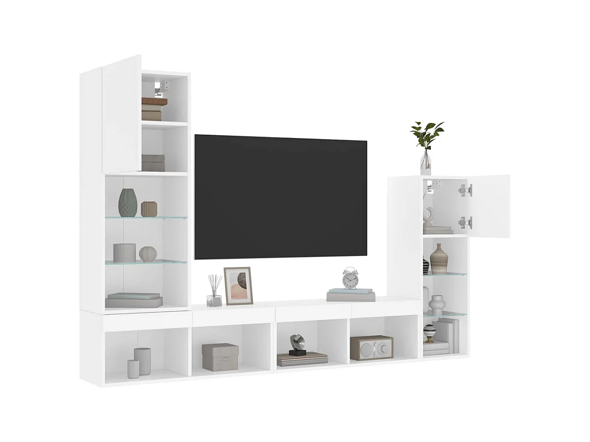 Unités murales TV avec LED 4 pcs blanc bois d'ingénierie