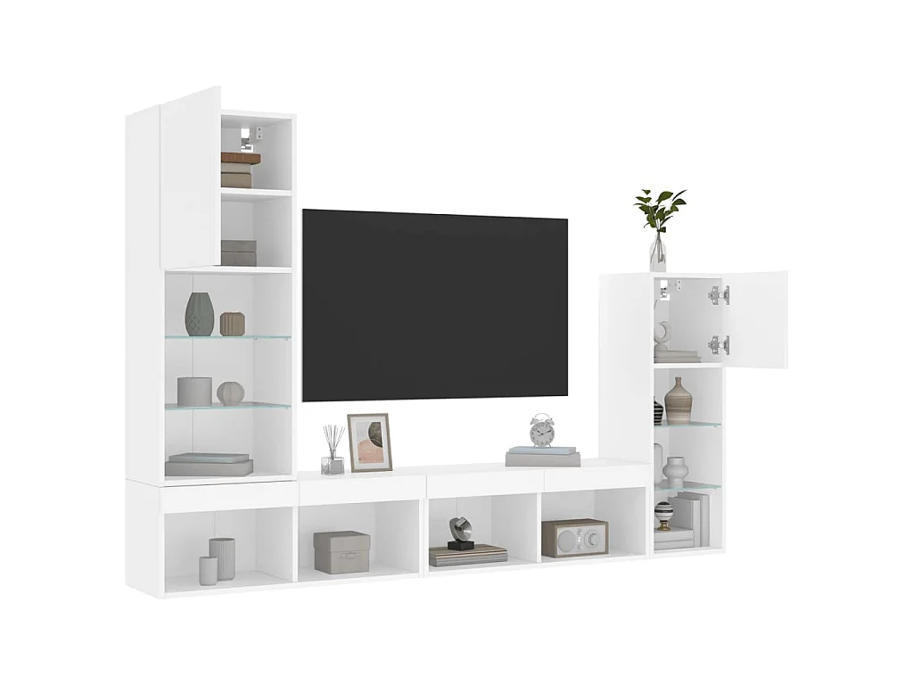 Unités murales TV avec LED 4 pcs blanc bois d'ingénierie