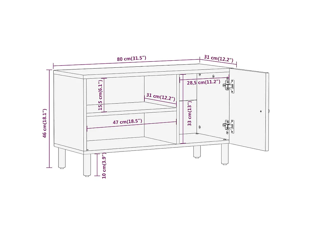 Meuble TV 80x31x46 cm bois massif de manguier