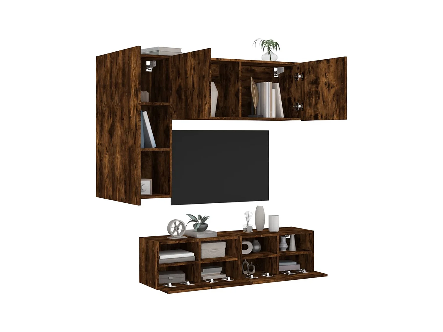 Unités murales TV 4 pcs chêne fumé bois d'ingénierie