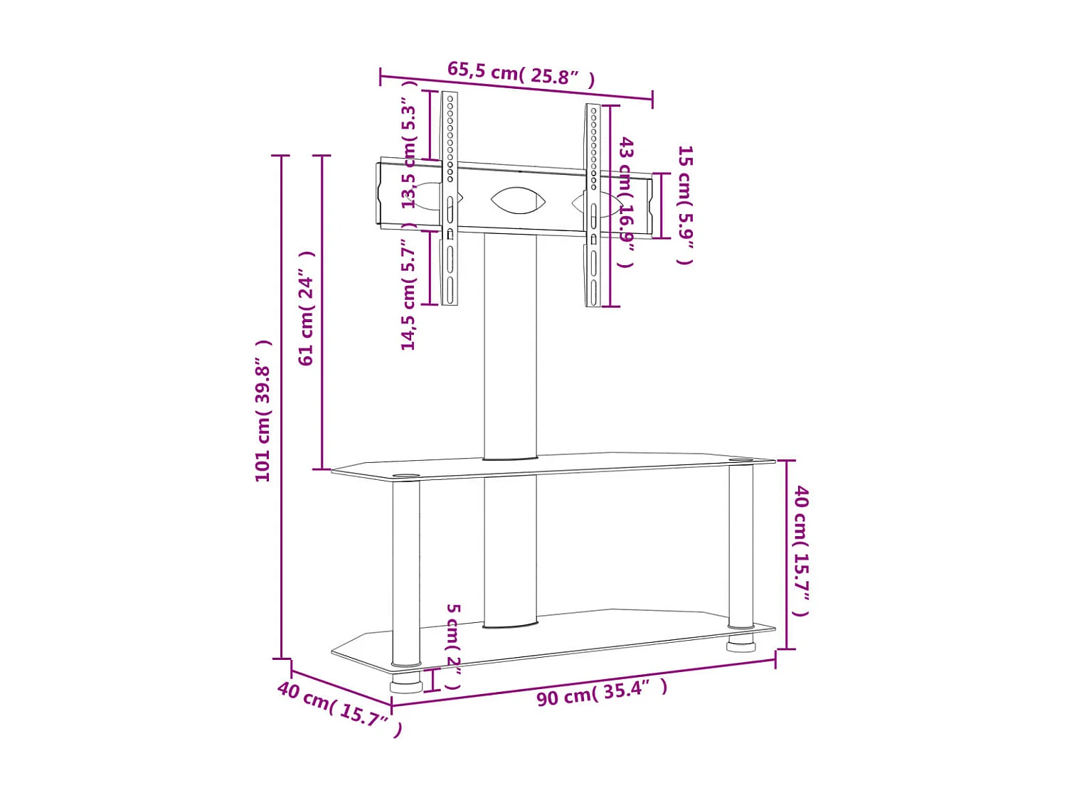 Suporte canto TV 32-70 polegadas 2 prateleiras preto/prateado