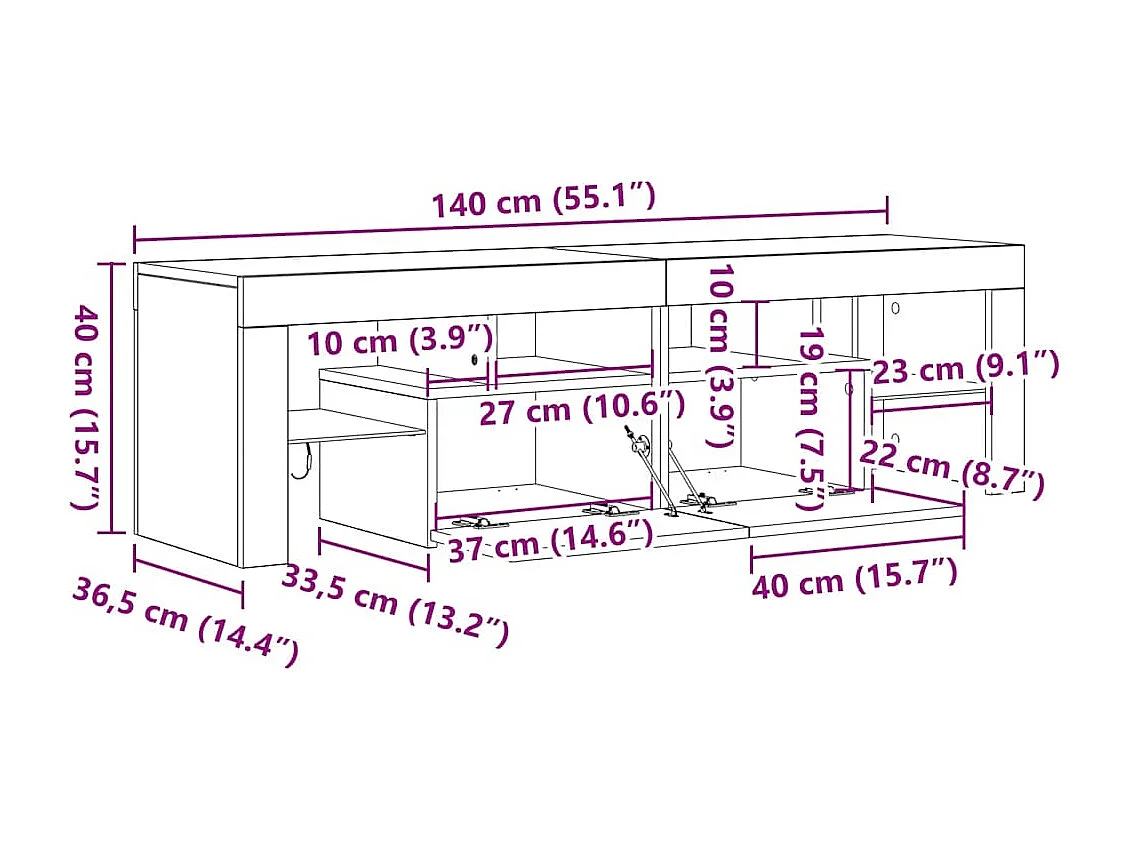 Meuble TV avec lumières LED Chêne fumé 140x36,5x40 cm