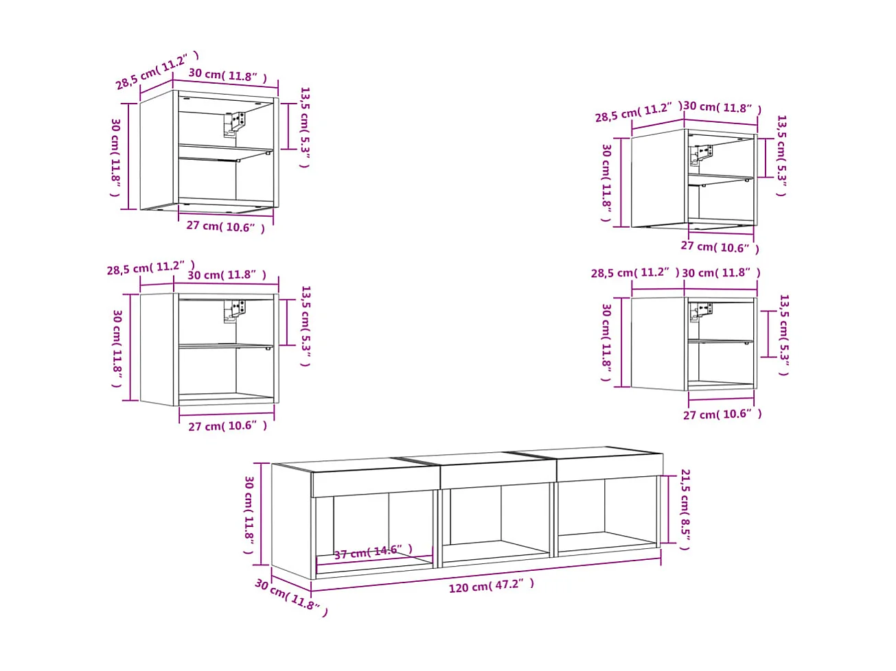 7-delige Tv-wandmeubelset met LED-verlichting bewerkt hout wit