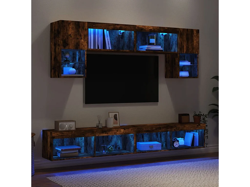 Mobili TV a Muro con LED 6pz Rovere Fumo in Legno Multistrato