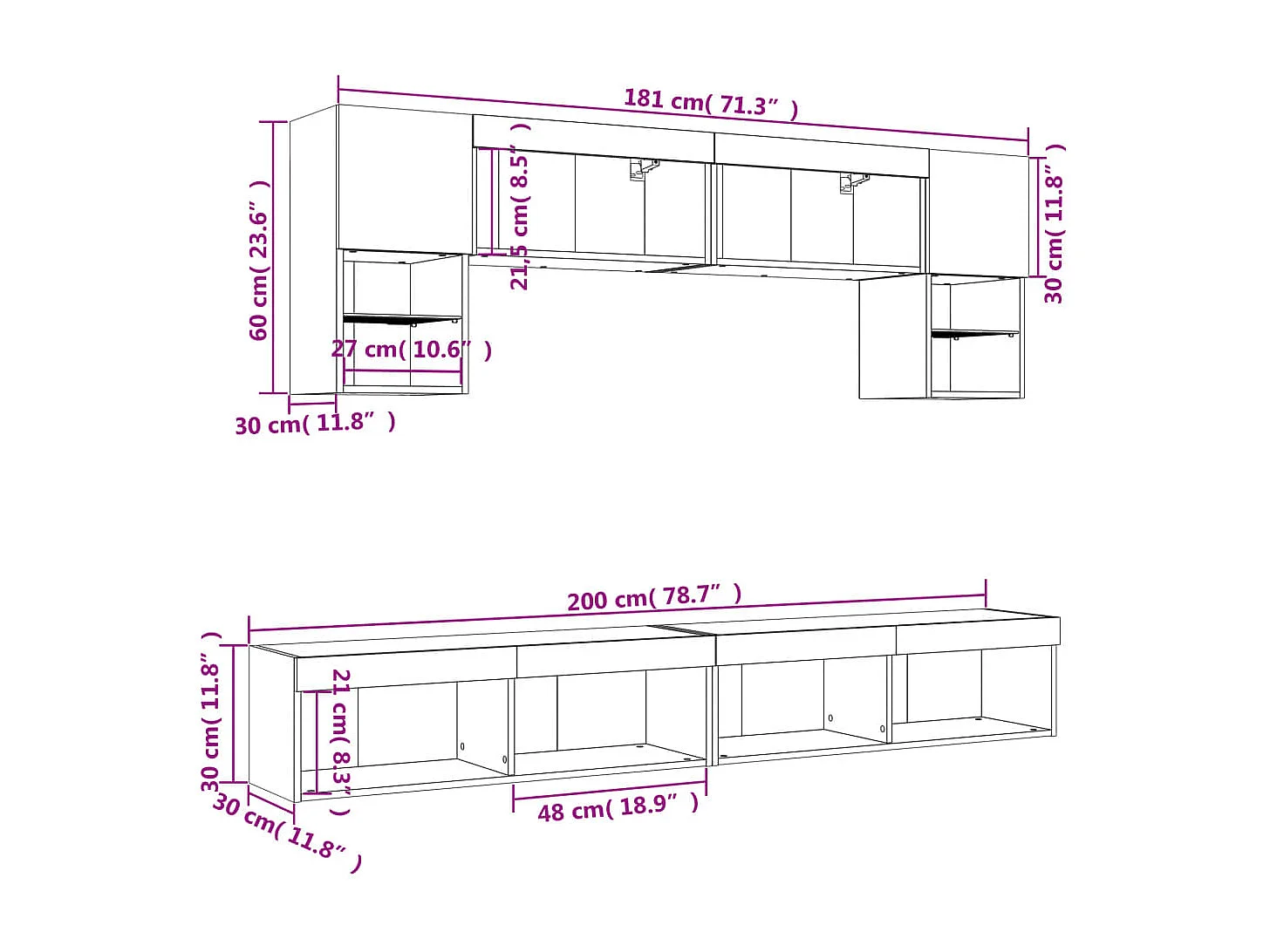 Mobili TV a Muro con LED 6pz Rovere Fumo in Legno Multistrato